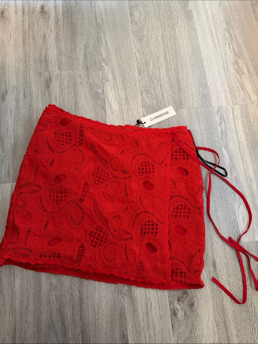 Commense Red Crochet Lace Mini Wrap Skirt